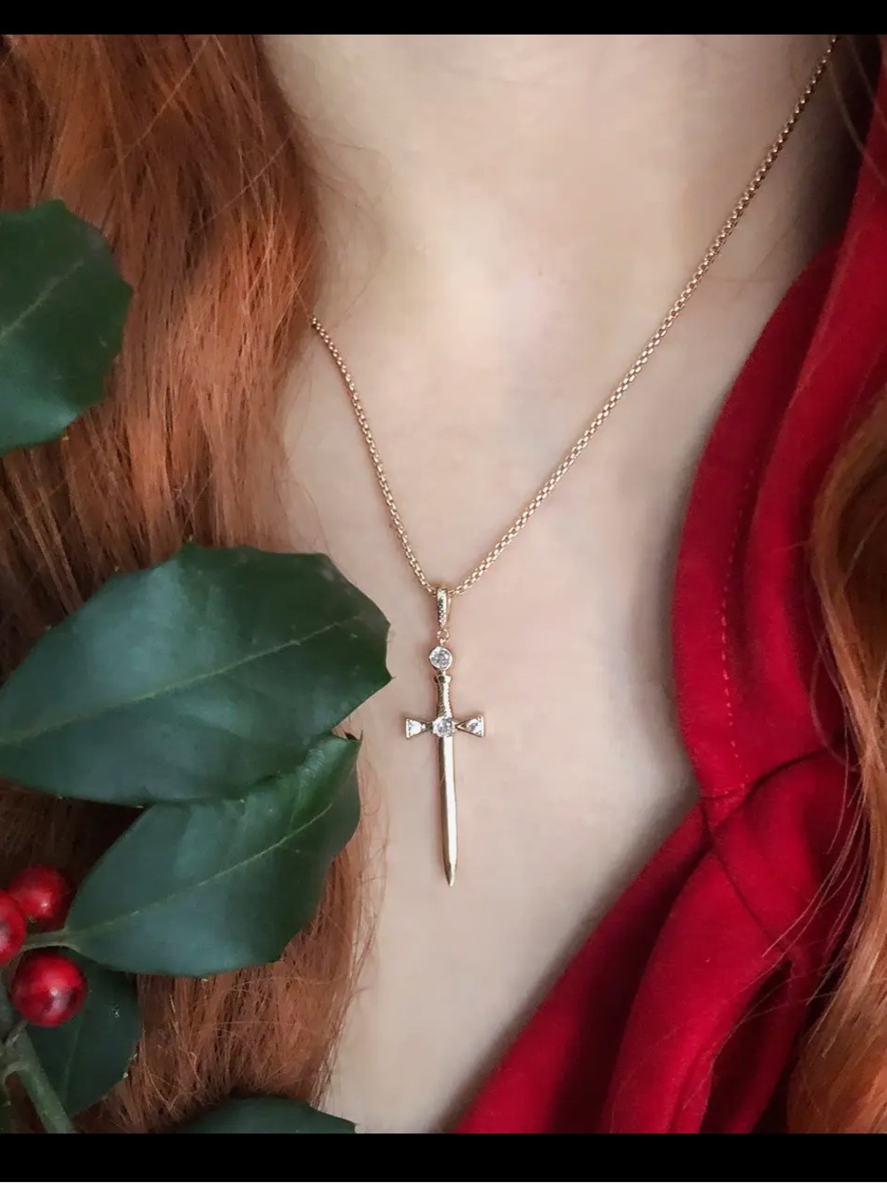 Gold Sword Pendant Necklace with Gem Stones - 14k plated